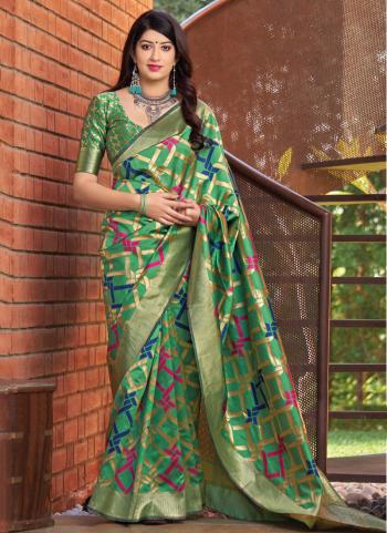 Banarasi Silk Green Festival Wear Printed Saree