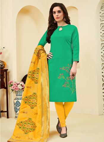 Green Cotton Daily Wear Embroidery Work Churidar Suit