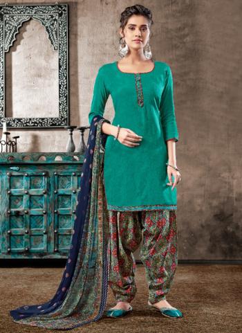 Green Cotton Daily Wear Printed Work Patiala Suit