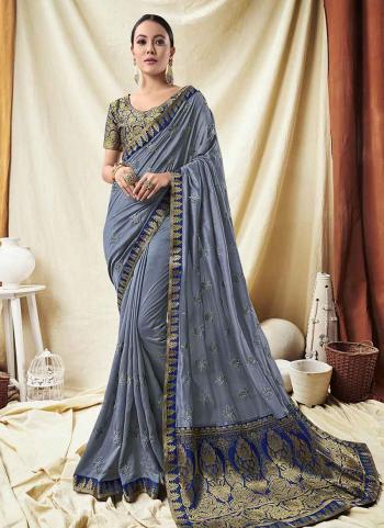 Indian Festival Wear Grey Vichitra Silk Lace Work Saree