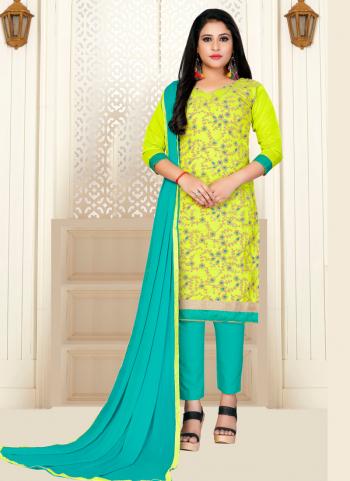 Light Green Cotton Daily Wear Embroidery Work Churidar Suit