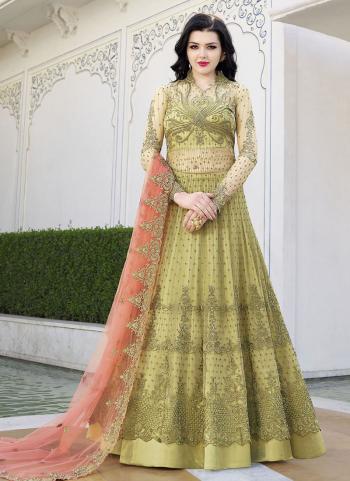Light Green Net Wedding Wear Heavy Embroidery Work Anarkali Suit