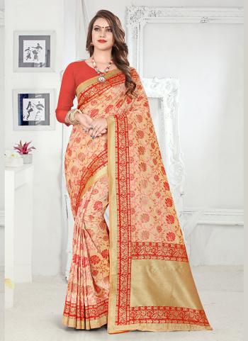 Banarasi Silk Classic Orange Festival Wear Printed Saree