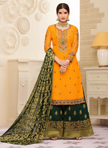 Orange Georgette Satin Wedding Wear Embroidery Work Palazzo Suit