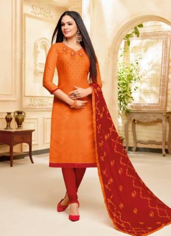 Orange Modal Cotton Regular Wear Embroidery Work Churidar Style