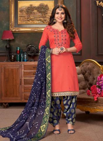 Peach Cotton Casual Wear Embroidery Work Patiala Suit
