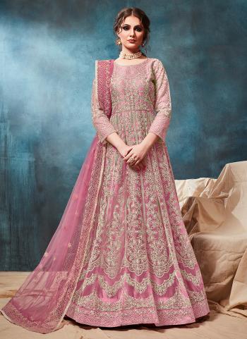 Latest Wedding Wear Pink Net Embroidery Work Anarkali Suit
