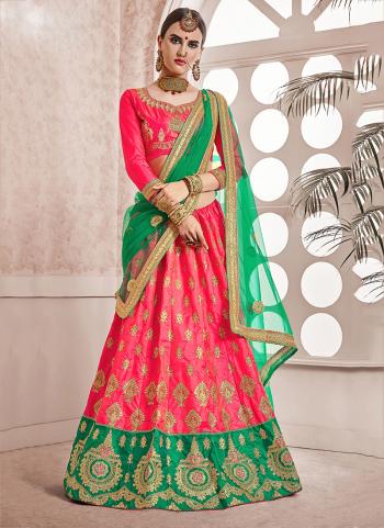 Pink And Green Silk Sangeet Wear Embroidery Work Lehenga Choli
