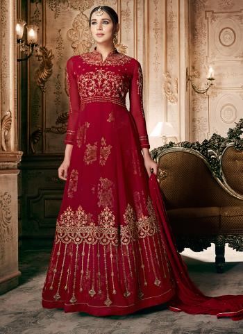 Red Georgette Wedding Wear Embroidery Work Anarkali Suit