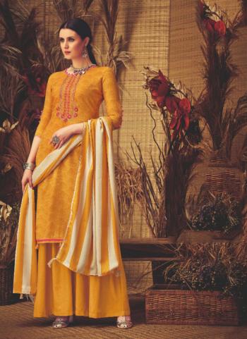 Yellow Pashmina Casual Wear Embroidery Work Palazzo Suit
