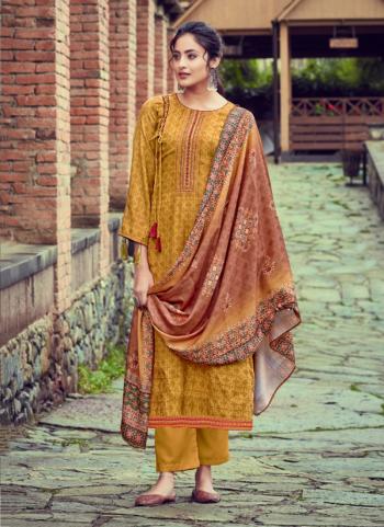 Yellow Pashmina Casual Wear Printed Work Palazzo Suit