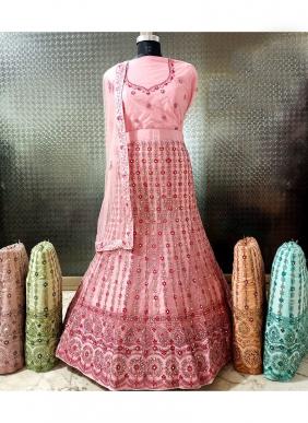 (Set Of 5 Pcs) Pink Net Wedding Wear Embroidery Work Lehenga Choli