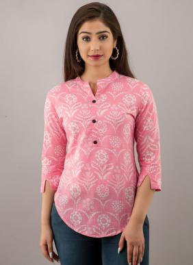 (Set Of 4 Sizes) Pink Rayon Daily Wear Printed Work Short Kurta