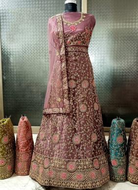 (Set Of 5 Pcs) Purple Net Wedding Wear Embroidery Work Lehenga Choli