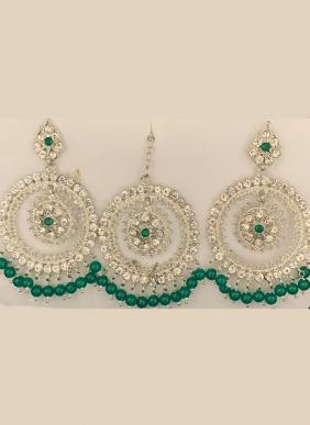 Stone Studded Silver Tone Earrings With Maang Tikka Collection