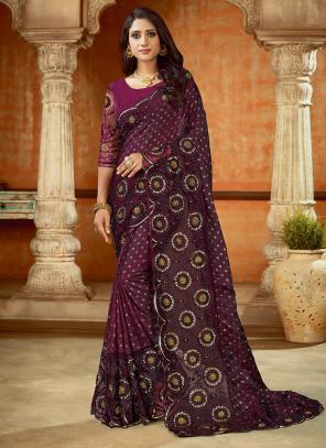 Purple Modal Satin Wedding Wear Sequins And Resham Work Saree