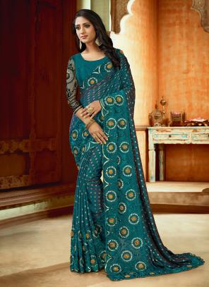 Rama Blue Modal Satin Wedding Wear Sequins And Resham Work Saree