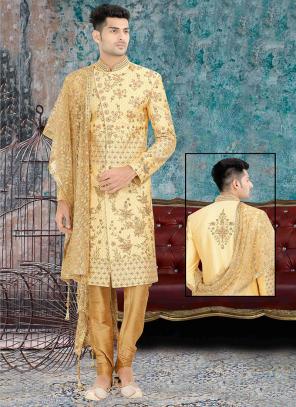 Golden Brocade Wedding Wear Embroidery Work Indo Western Sherwani