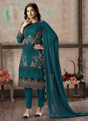 Rama Blue Faux Georgette Party Wear Embroidery Work Churidar Suit
