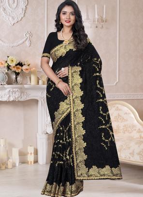 Black Georgette Traditional Wear Resham Work Saree