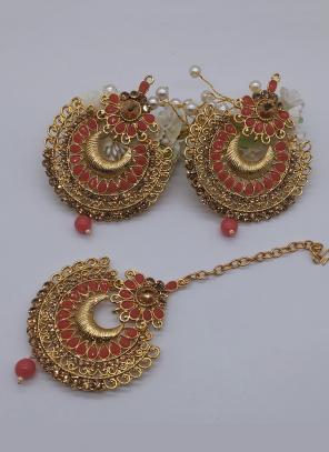 Red Stone Studded Gold Plated Earrings With Maang Tikka