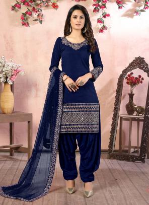 Navy blue Art Silk Traditional Wear Embroidery Work Patiyala Suit