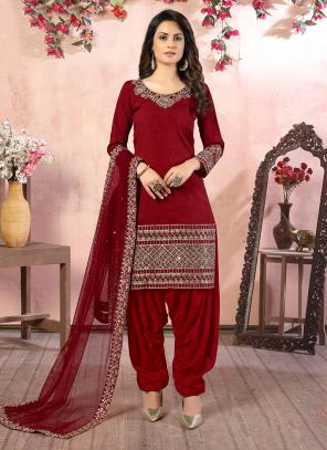Red Art Silk Traditional Wear Embroidery Work Patiyala Suit