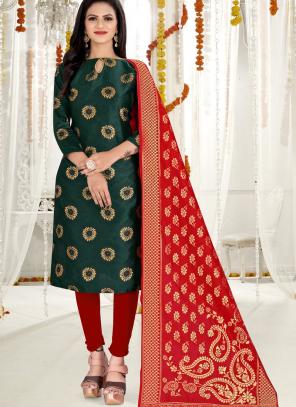 Green Banarasi Silk Party Wear Weaving Churidar Suit
