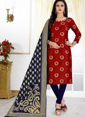 Red Banarasi Silk Party Wear Weaving Churidar Suit