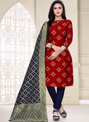 Red Banarasi Silk Festival Wear Weaving Churidar Suit