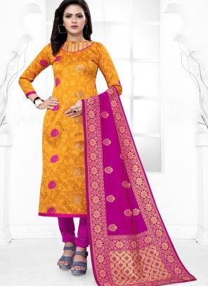 Yellow Banarasi Silk Festival Wear Weaving Churidar Suit