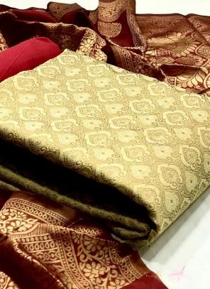 Beige Banarasi Silk Festival Wear Weaving Dress Material