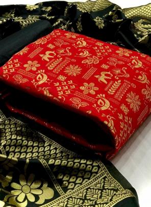 Red Banarasi Silk Festival Wear Weaving Dress Material