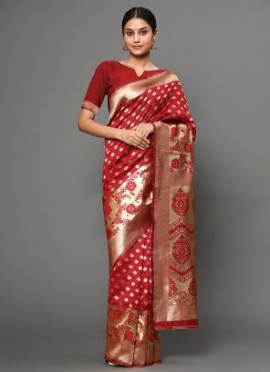 Red Banarasi Silk Party Wear Weaving Saree