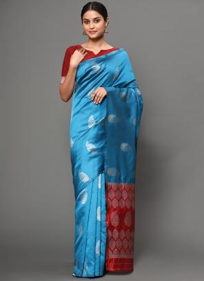 Sky Blue Banarasi Silk Party Wear Weaving Saree