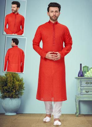 Orange Printed cotton Wedding Wear Weaving Kurta Pajama