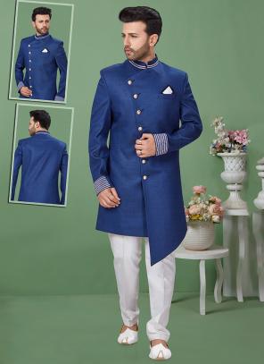 Blue Imported Wedding Wear Weaving Sherwani