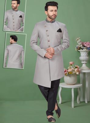Light Grey Imported Wedding Wear Weaving Sherwani