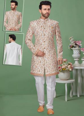 Offwhite Dupion Silk Wedding Wear Weaving Sherwani