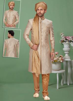 Beige Banarasi Jaquard Wedding Wear Weaving Sherwani