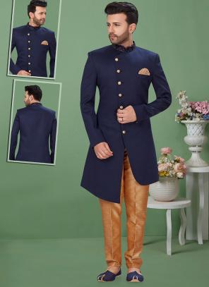 Navy Blue Imported Wedding Wear Weaving Sherwani