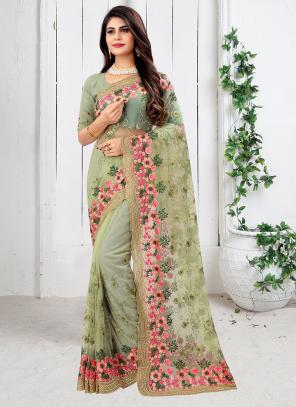 Green Net Wedding Wear Embroidery Work Saree