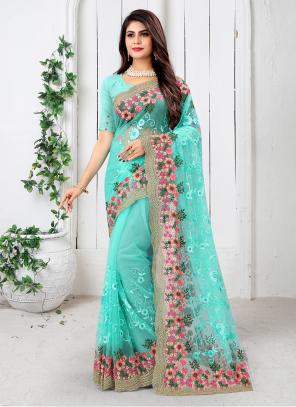 Turquoise Blue Net Wedding Wear Embroidery Work Saree