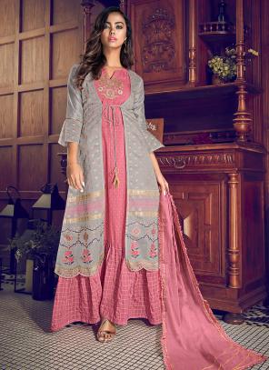 Baby Pink Art Silk Party Wear Embroidery Work Gown With Dupatta