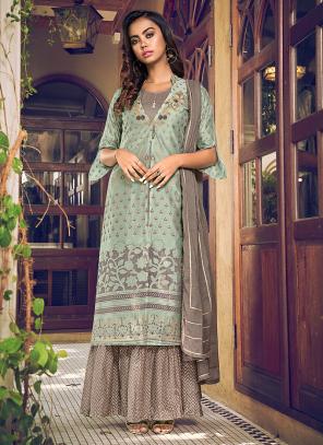 Grey Art Silk Party Wear Embroidery Work Sharara Suit