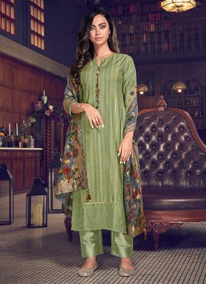 Light Green Tussar Silk Party Wear Embroidery Work Straight Suit