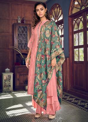Pink Tussar Silk Party Wear Embroidery Work Sharara Suit