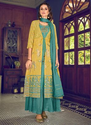 Teal Blue Art Silk Party Wear Embroidery Work Gown With Dupatta
