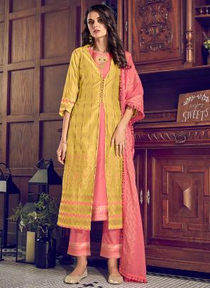 Yellow Art Silk Party Wear Embroidery Work Straight Suit