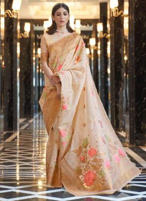 Beige Pure Linen Traditional Wear Weaving Saree